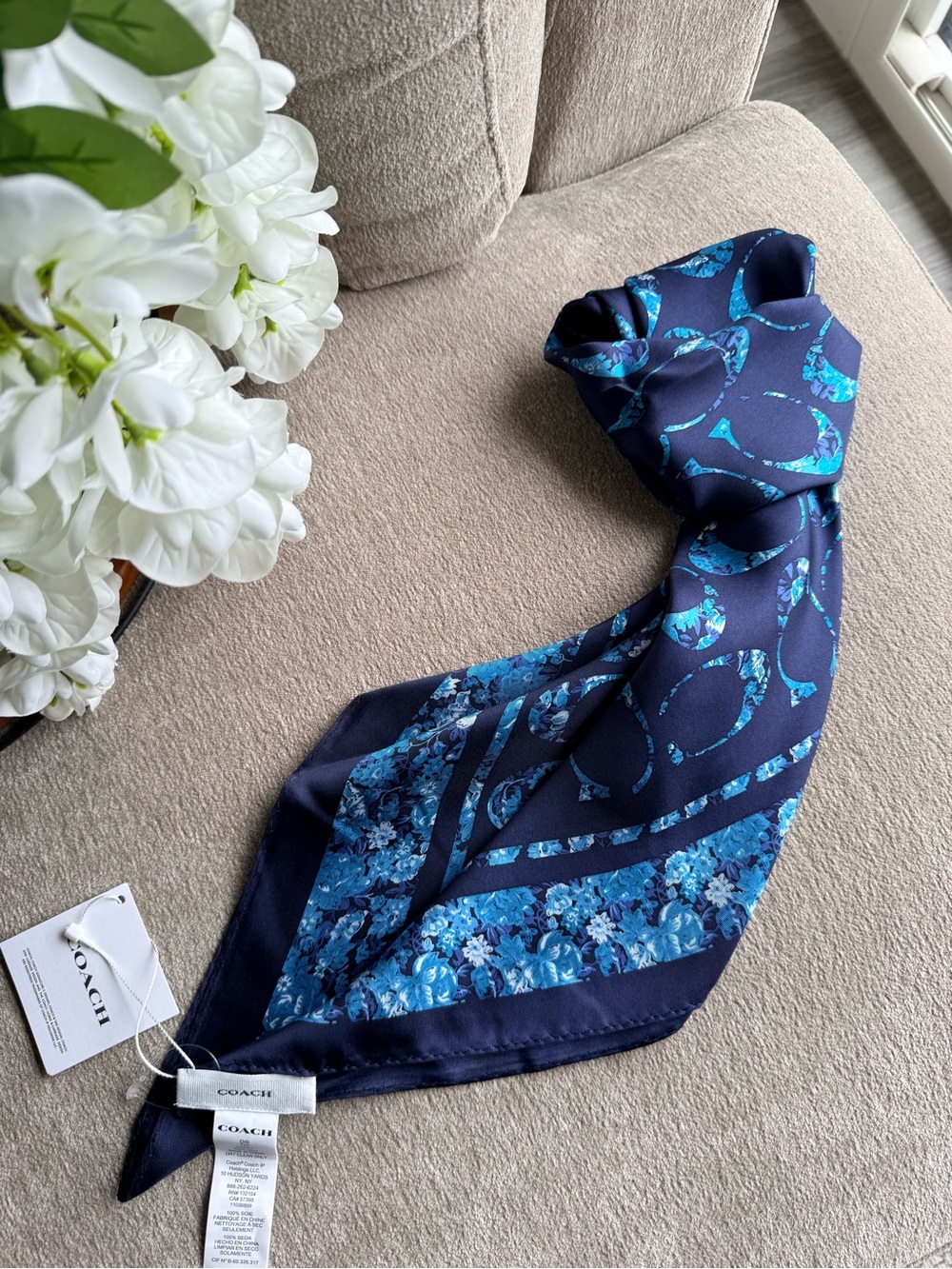 Coach Navy & Teal Floral 100% Silk Scarf NWT
